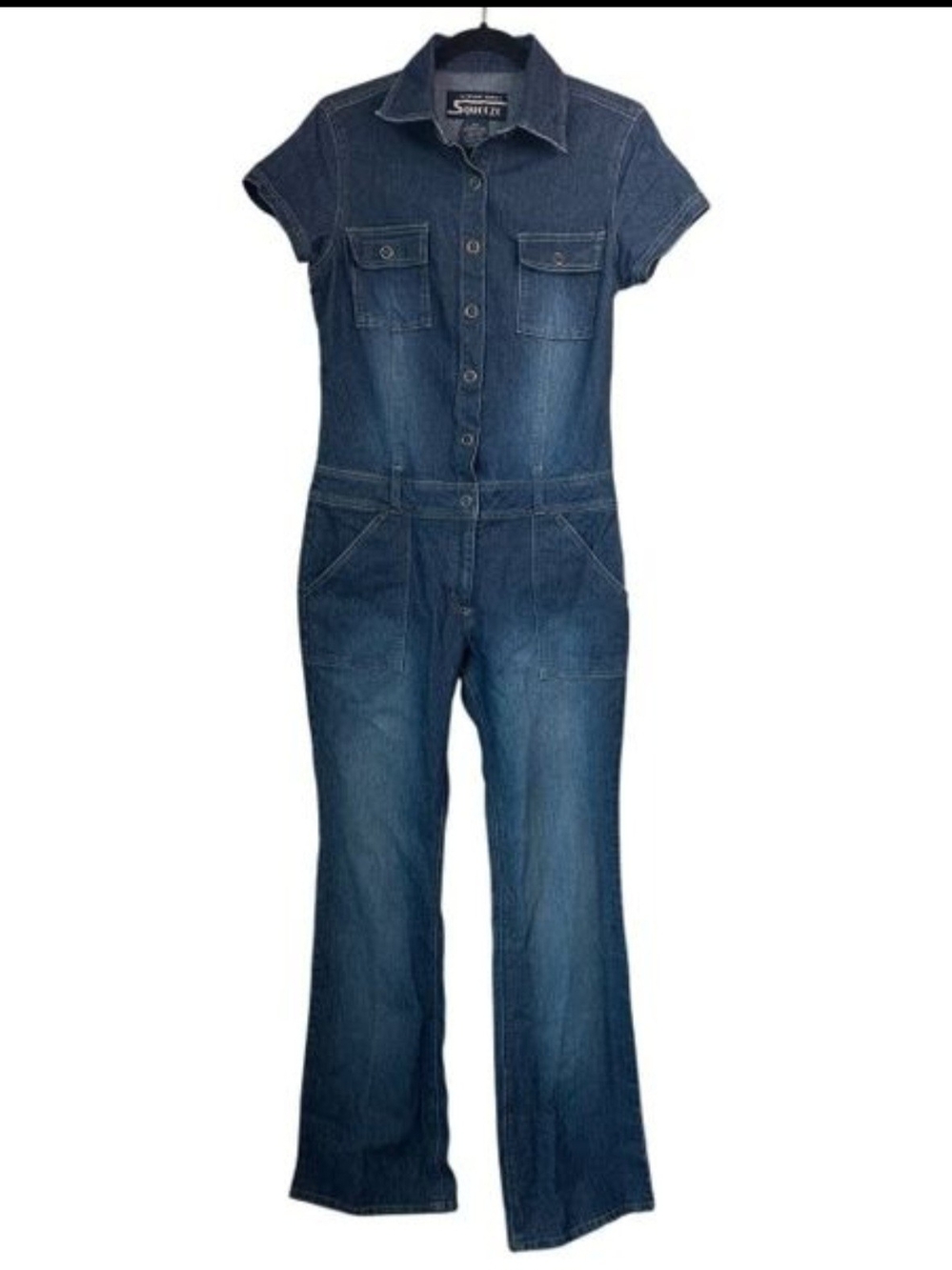 Squeeze Dark Blue Denim Short-Sleeve Jumpsuit